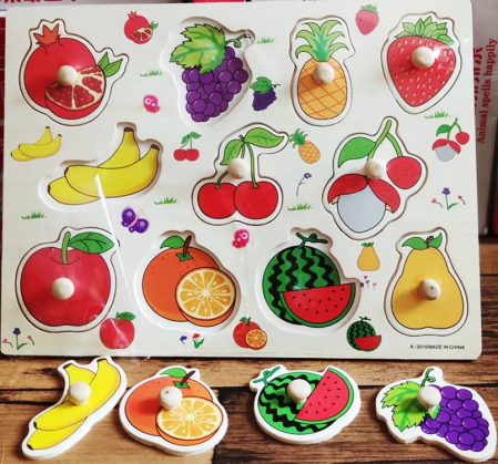 Puzzle educativ pentru copii, lemn, piese cu maner, fructe, 3 ani+, Edujucarii [6]
