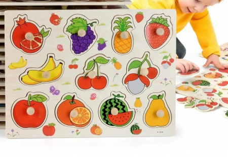 Puzzle educativ pentru copii, lemn, piese cu maner, fructe, 3 ani+, Edujucarii [3]