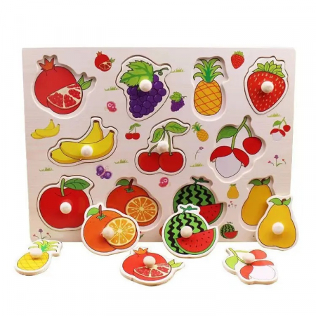 Jucarii si jocuri educative - Puzzle educativ pentru copii, lemn, piese cu maner, fructe, 3 ani+, Edujucarii