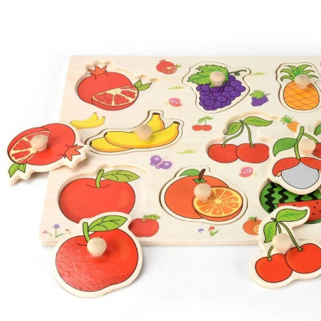 Puzzle educativ pentru copii, lemn, piese cu maner, fructe, 3 ani+, Edujucarii [2]