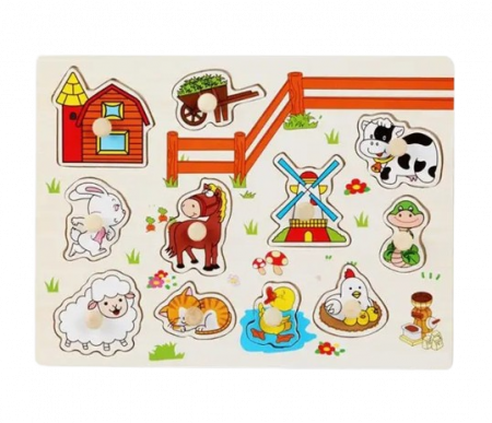 Puzzle lemn cu butoni, Animale de la fermă, 11 piese, 3 ani+, EduJucarii