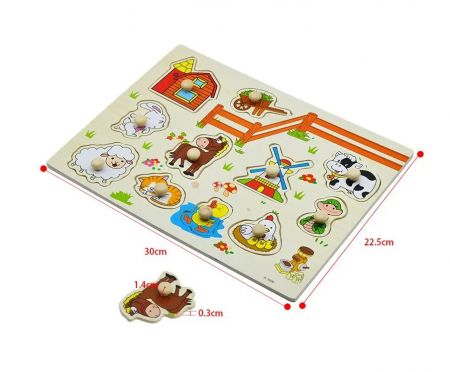 Puzzle lemn cu butoni, Animale de la fermă, 11 piese, 3 ani+, EduJucarii [1]