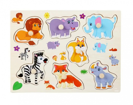 Puzzle lemn cu butoni, Animale salbatice, 8 piese, 3 ani+, EduJucarii