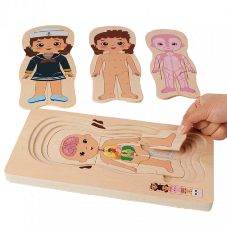 Puzzle Montessori din lemn cu 5 straturi, Invatati Despre Corpul Uman in Mod Interactiv, 17 piese, fetita, 3 ani+, EduJucarii [3]