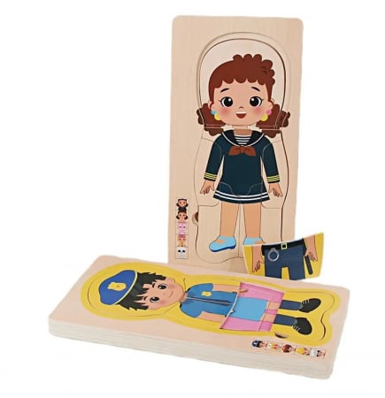Jucarii de rol - Pachet 2 Puzzle Montessori din lemn cu 5 straturi, Corpul Uman si Meserii, 17 piese fiecare, 3 ani+, EduJucarii