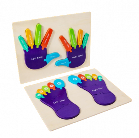 Set de 2 Puzzle Montessori, talpile si palmele, Instrument Educativ pentru Recunoasterea Lateralitatii, 3 ani+, EduJucarii
