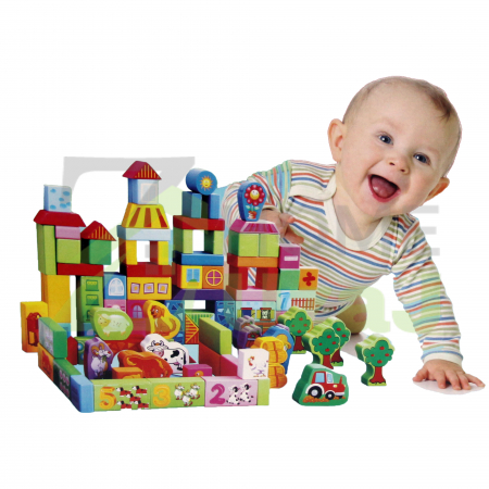 Set 100 cuburi lemn - Ferma animalelor domestice- Beilaluna Farm Animals, 100 piese [0]