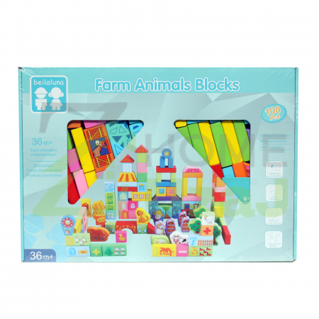 Set 100 cuburi lemn - Ferma animalelor domestice- Beilaluna Farm Animals, 100 piese [1]