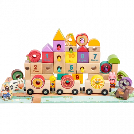 Set cuburi constructie si trenulet Ferma Animalelor, 43 piese constructie, 1 trenulet magnetic cu 3 vagoane si un puzzle, 3 ani+, EduJucarii [1]