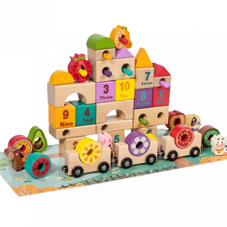 Set cuburi constructie si trenulet Ferma Animalelor, 43 piese constructie, 1 trenulet magnetic cu 3 vagoane si un puzzle, 3 ani+, EduJucarii [2]