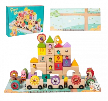 Set cuburi constructie si trenulet Ferma Animalelor, 43 piese constructie, 1 trenulet magnetic cu 3 vagoane si un puzzle, 3 ani+, EduJucarii [0]