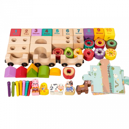 Set cuburi constructie si trenulet Ferma Animalelor, 43 piese constructie, 1 trenulet magnetic cu 3 vagoane si un puzzle, 3 ani+, EduJucarii [3]