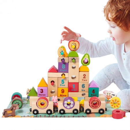 Set cuburi constructie si trenulet Ferma Animalelor, 43 piese constructie, 1 trenulet magnetic cu 3 vagoane si un puzzle, 3 ani+, EduJucarii [4]