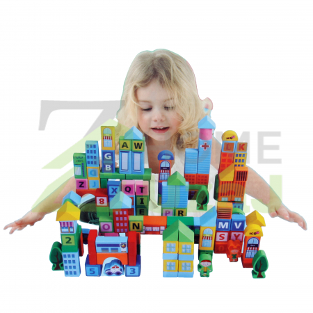 Jucarii si jocuri educative - Set 100 cuburi lemn  - Oras - Smart Town Blocks, Beilaluna, 100 piese