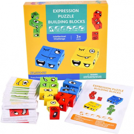 Set 12 cuburi educative si 50 cartonase cu modele, Puzzle de expresii faciale, 3 ani+, Edujucarii [3]