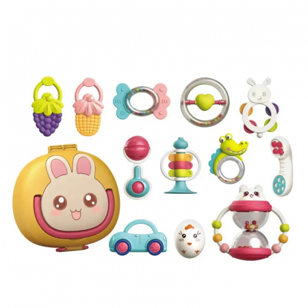 De Bebe - Set 12 piese jucarii zornaitoare pentru bebelusi, jucarii pentru dentitie, cutie de transport in forma de iepuras, 0 luni, - Ibi-irn
