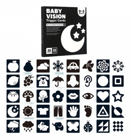 Jucarii educative - Set 20 carduri stimulare vizuala bebe, Alb-negru, 0-3 luni, EduJucarii