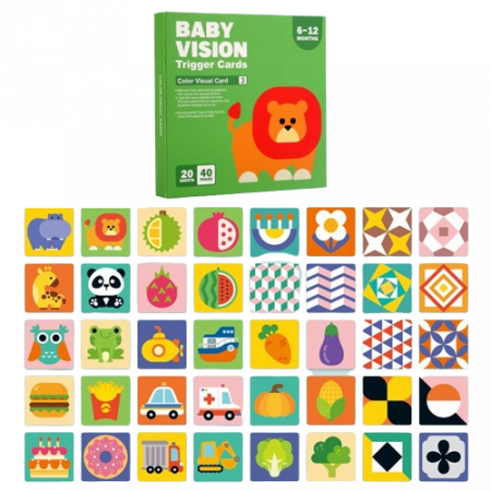 Pachet de 4 seturi cu cate 20 carduri stimulare vizuala bebe, imagini alb, negru, rosu si color, 0-36 luni, EduJucarii [5]