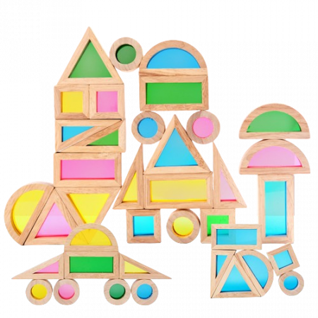 De Bebe - Set 24 Blocuri Tridimensionale de constructie, placa acrilica si lemn masiv, jucarie educationala, Kaleidoscope color, 3 ani+, Edujucarii