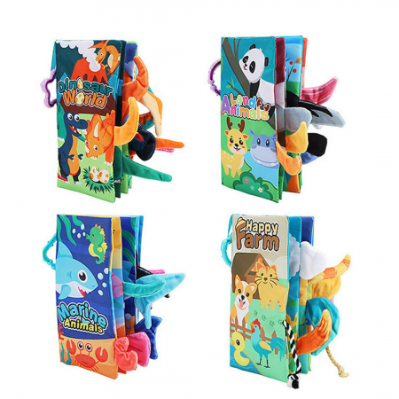 Jucarii si jocuri educative - Set 4 carti senzoriale fosnitoare pentru bebelusi, cu animalute colorate, Dinosaur world, Happy farm, Land Animals,  Marine Animals,  17 x 22.5 cm
