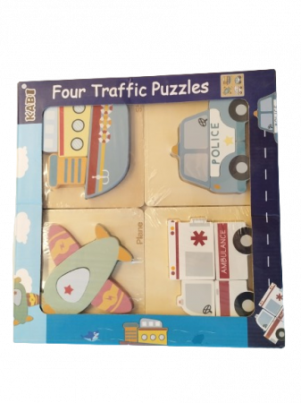 Jucarii educative - Set 4 Puzzle 15 x 15 cm, Lemn, Vehicule, 16 piese, Montessori, 3 ani+