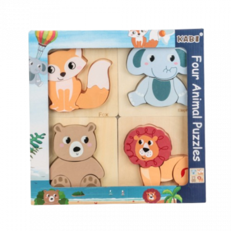 Jucarii educative - Set 4 Puzzle 15 x 15 cm, Lemn, Animale salbatice, 16 piese, Montessori, 3 ani+