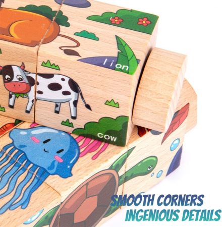 Set 4 Puzzle Rotativ cu cate 3 cuburi, lemn, animale, Rotating Jigsaw, 12 luni+, EduJucarii [6]