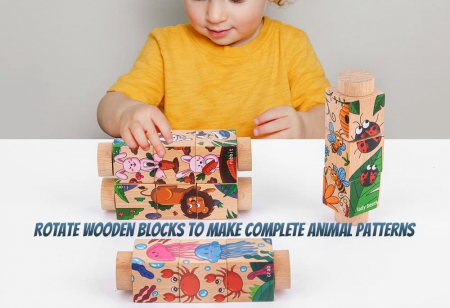 Set 4 Puzzle Rotativ cu cate 3 cuburi, lemn, animale, Rotating Jigsaw, 12 luni+, EduJucarii [7]
