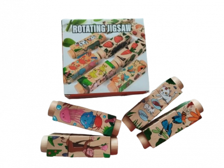 Set 4 Puzzle Rotativ cu cate 3 cuburi, lemn, animale, Rotating Jigsaw, 12 luni+, EduJucarii [8]