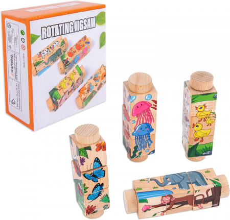 Set 4 Puzzle Rotativ cu cate 3 cuburi, lemn, animale, Rotating Jigsaw, 12 luni+, EduJucarii [0]
