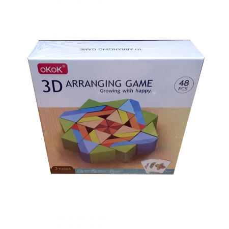 Set 48 piese geometrice 3D din lemn si 10 carduri cu modele imprimate fata-vero, mozaic Montessori, multicolor, + 3 ani [6]
