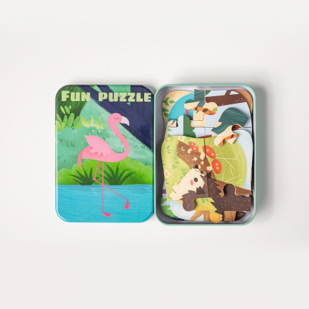 Set 5 Puzzles pentru incepatori, Diferite Nivele de Complexitate, Cutie Metalica, Flamingo si animale de padure, 3 ani + [7]