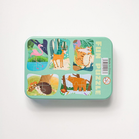 Set 5 Puzzles pentru incepatori, Diferite Nivele de Complexitate, Cutie Metalica, Flamingo si animale de padure, 3 ani + [6]