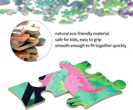 Set 5 Puzzles pentru incepatori, Diferite Nivele de Complexitate, Cutie Metalica, Flamingo si animale de padure, 3 ani + [3]