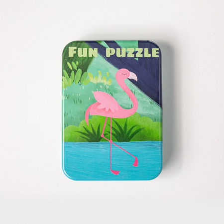 Set 5 Puzzles pentru incepatori, Diferite Nivele de Complexitate, Cutie Metalica, Flamingo si animale de padure, 3 ani + [5]