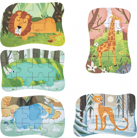 Set 5 Puzzles pentru incepatori, Diferite Nivele de Complexitate, Cutie Metalica, animale salbatice, 3 ani + [3]