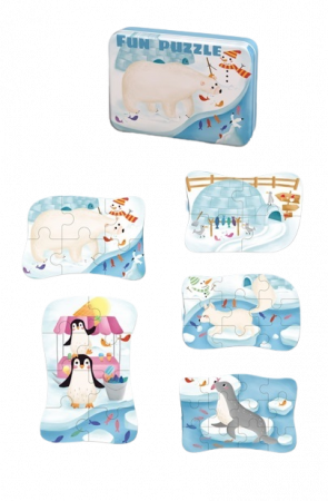 Set 5 Puzzles pentru incepatori, Diferite Nivele de Complexitate, Cutie Metalica, animale polare, 3 ani + [0]