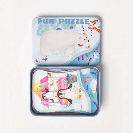 Set 5 Puzzles pentru incepatori, Diferite Nivele de Complexitate, Cutie Metalica, animale polare, 3 ani + [1]