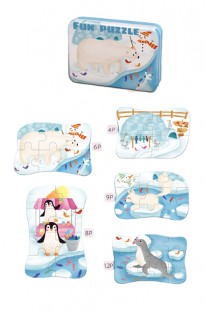 Set 5 Puzzles pentru incepatori, Diferite Nivele de Complexitate, Cutie Metalica, animale polare, 3 ani + [4]