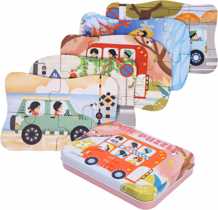 Set 5 Puzzles pentru incepatori, Diferite Nivele de Complexitate, Cutie Metalica,Vehicule, 3 ani + [0]