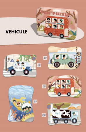 Set 5 Puzzles pentru incepatori, Diferite Nivele de Complexitate, Cutie Metalica,Vehicule, 3 ani + [1]