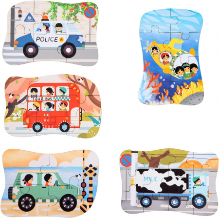 Set 5 Puzzles pentru incepatori, Diferite Nivele de Complexitate, Cutie Metalica,Vehicule, 3 ani + [7]