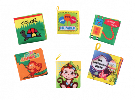 Jucarii interactive bebelusi - Set 6 carti senzoriale fosnitoare pentru bebelusi, cu animalute dragute, culori, numere, vietati acvatice, 4 pagini, 8 fete, 10 cm x 2,5 cm x 9 cm - EDUJUCARII
