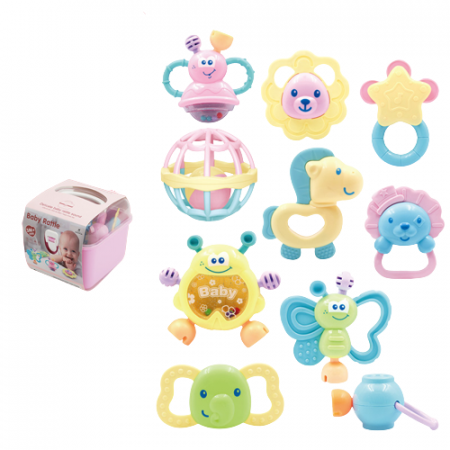 Set 10 piese jucarii zornaitoare pentru bebelusi, jucarii pentru dentitie, cutie de transport frumos colorata cu roz, 0 luni, Edujucarii - Little Tin Lok [4]