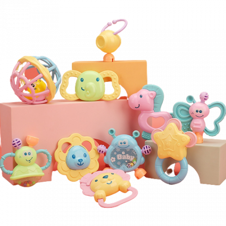 Set 10 piese jucarii zornaitoare pentru bebelusi, jucarii pentru dentitie, cutie de transport frumos colorata cu roz, 0 luni, Edujucarii - Little Tin Lok [3]