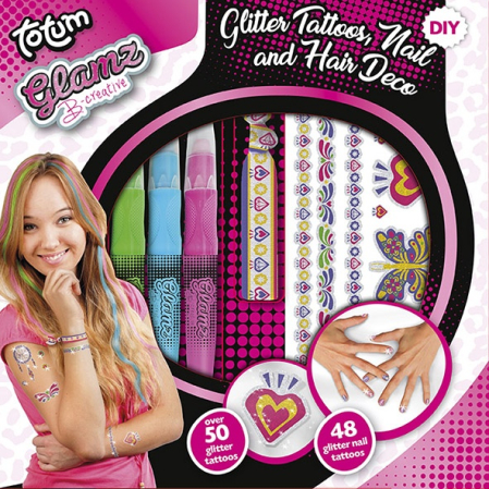 Set creativ 3 in 1, tatuaje cu sclipici, tatuaje cu sclipici pentru unghii si creioane pentru colorarea parului - Fashion Glamz [1]