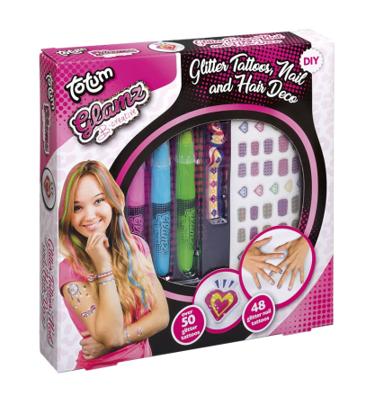 Noutati si reduceri - Set creativ 3 in 1, tatuaje cu sclipici, tatuaje cu sclipici pentru unghii si creioane pentru colorarea parului - Fashion Glamz