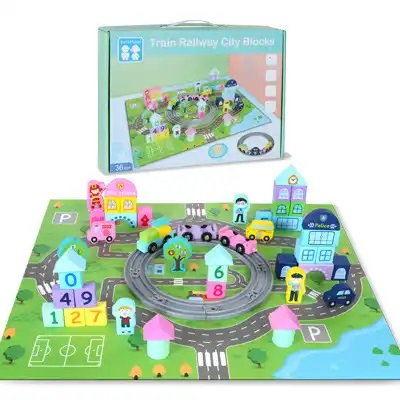 Jucarii de rol - Set Cuburi constructie Oraselul cu Trenulet din lemn, Train Railway City, Beilaluna, 3 ani+