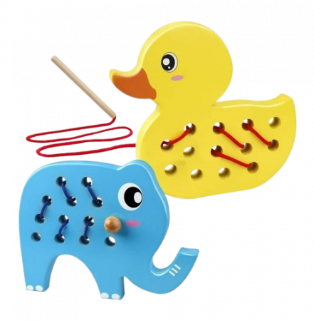 Jocuri educative - Set de 2 Jucarii de indemanare cu sireturi pentru copii, Ratusca, Elefant, Montessori, 3 ani+, EduJucarii
