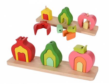 Jucarii si jocuri educative - Set de 3 Turnuri de Sortat si Stivuit in Forma de Fructe, Montessori, 11 Piese, Lemn, 3 ani+, Edujucarii